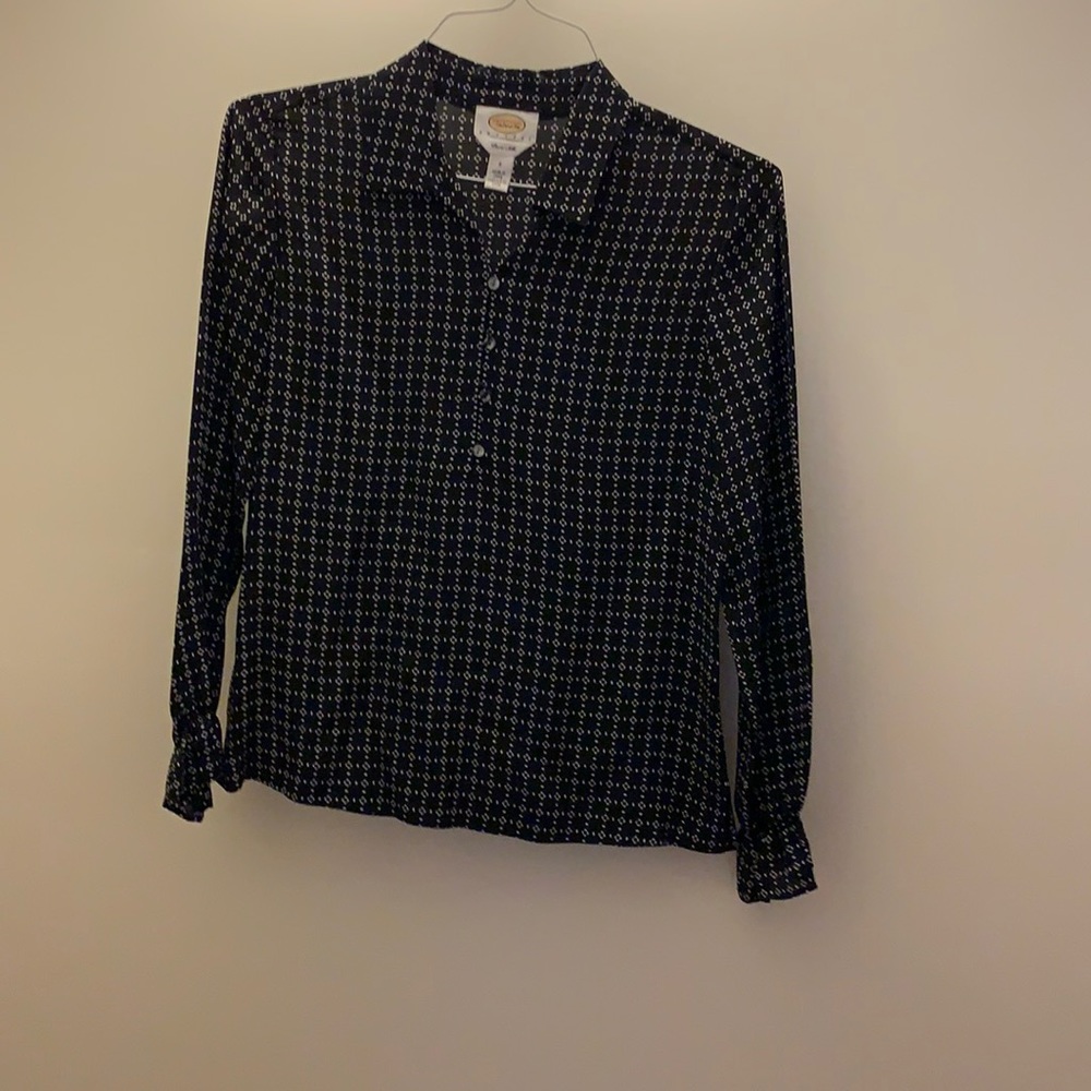 Talbots Petites Pure Silk Long Sleeve Blouse‎  Size 6P Black White